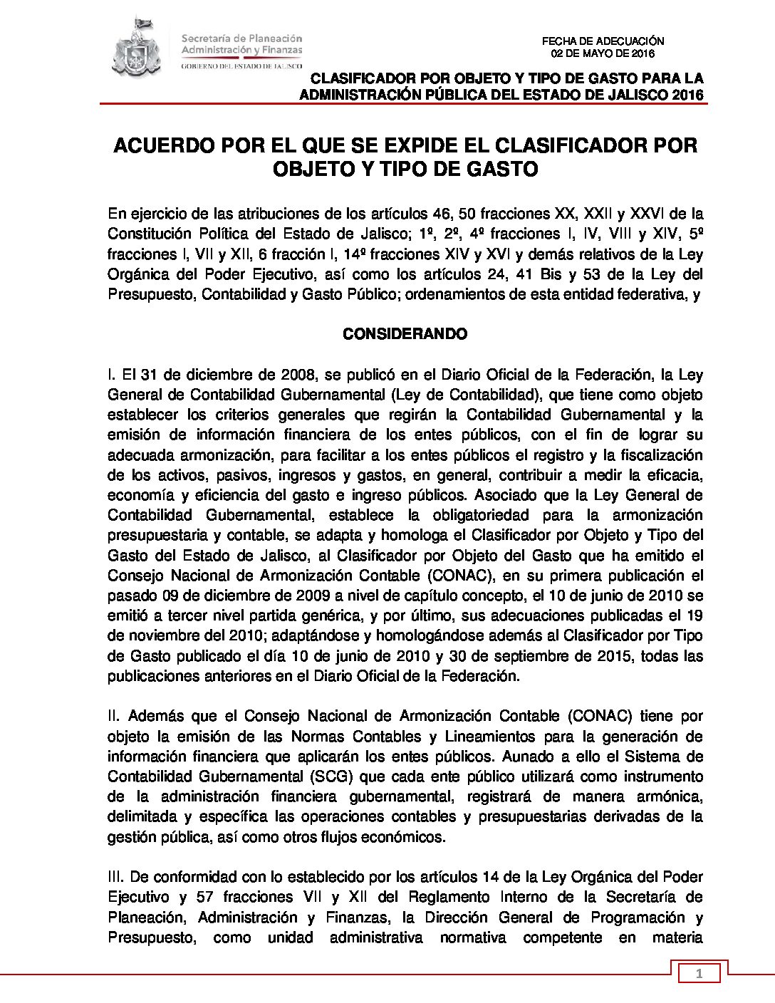 ACUERDO DE CLASIFICACIÓN DE OBJETO TIPO DE GASTO DEL ESTADO DE JALISCO 2016