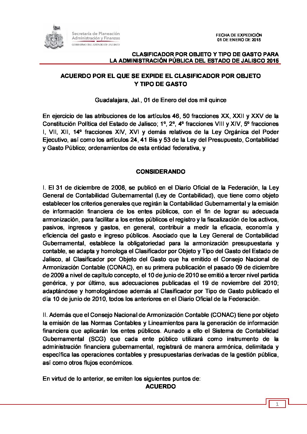 CLASIFICADOR POR OBJETO Y TIPO DE GASTO DEL ESTADO DE JALISCO 2015