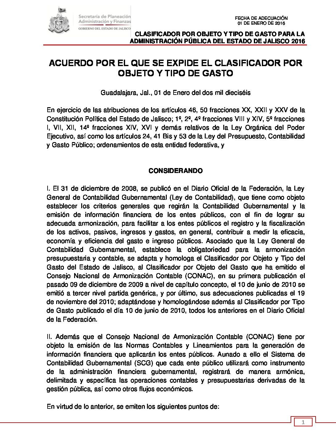 CLASIFICADOR POR OBJETO Y TIPO DE GASTO DEL ESTADO DE JALISCO 2016