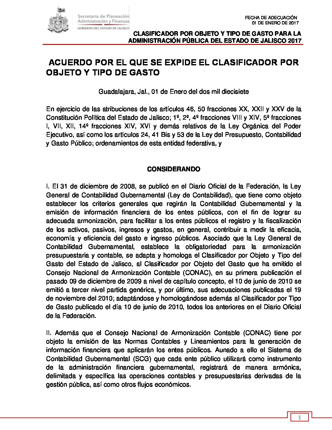 CLASIFICADOR POR OBJETO Y TIPO DE GASTO DEL ESTADO DE JALISCO 2017