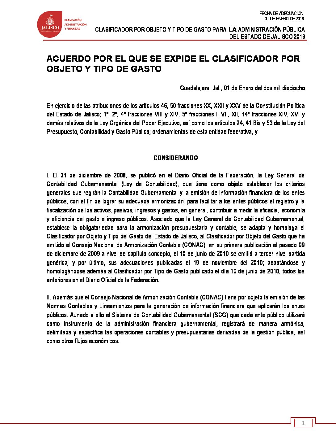 CLASIFICADOR POR OBJETO Y TIPO DE GASTO DEL ESTADO DE JALISCO 2018