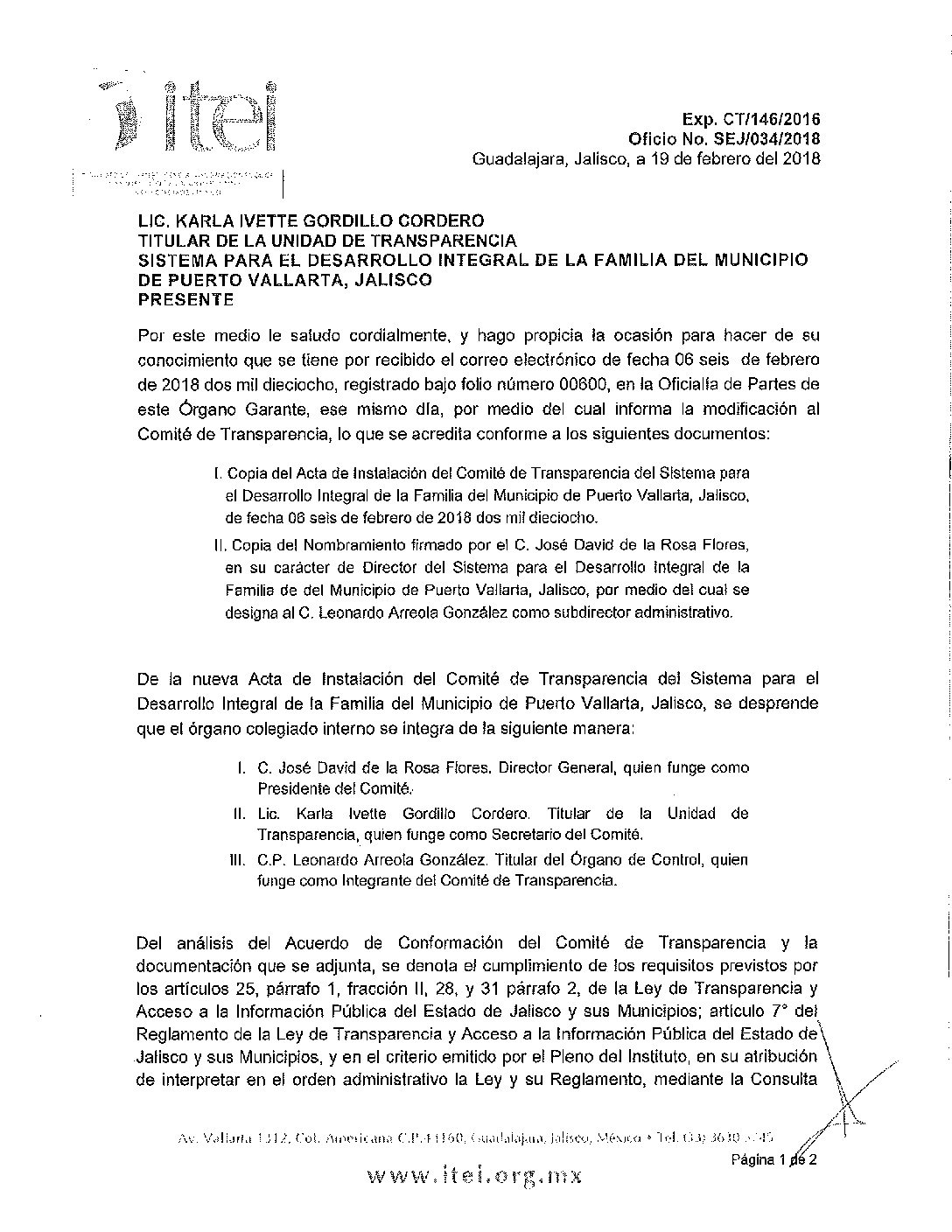 OFICIO ITEI APROBACIÓN DE NUEVO COMITÉ DE TRANSPARENCIA