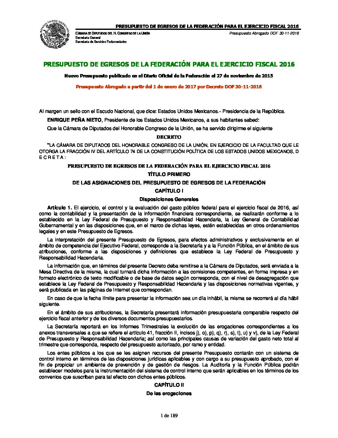 PRESUPUESTO DE EGRESOS DE LA FEDERACIÓN PARA EL EJERCICIO FISCAL 2016
