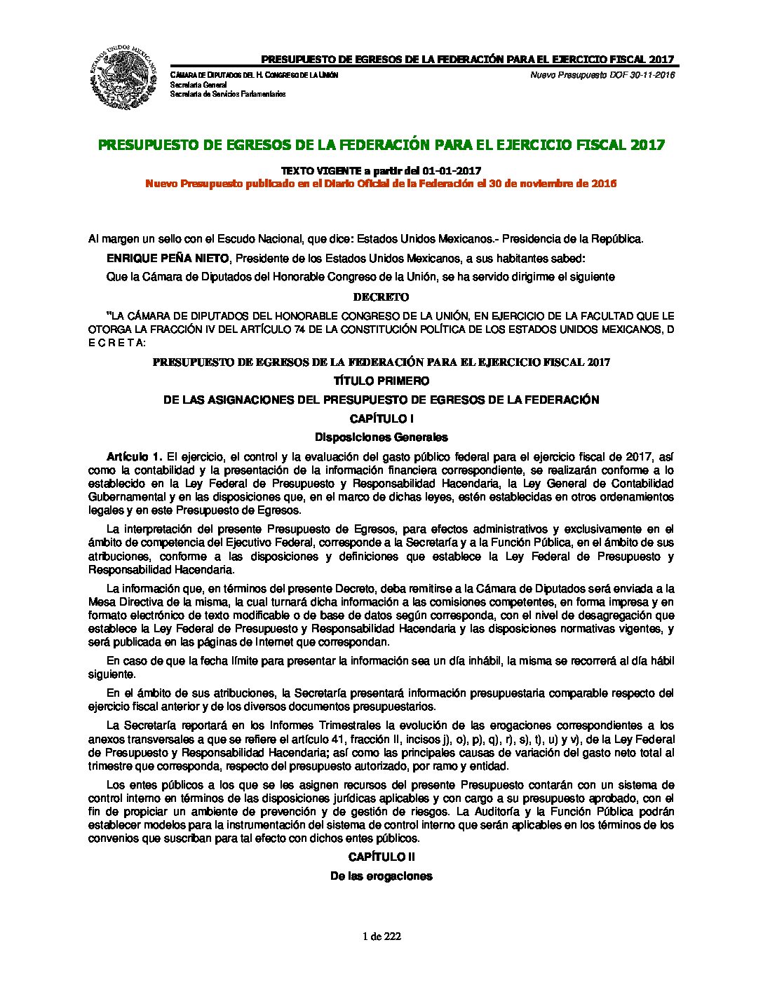 PRESUPUESTO DE EGRESOS DE LA FEDERACIÓN PARA EL EJERCICIO FISCAL 2017