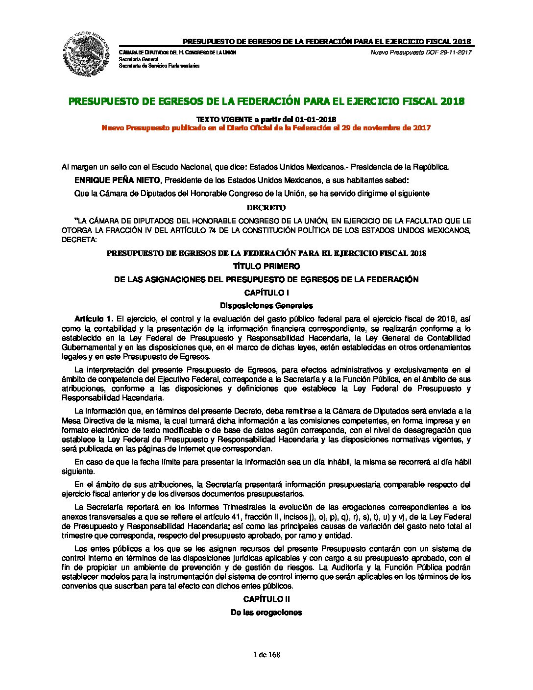 PRESUPUESTO DE EGRESOS DE LA FEDERACIÓN PARA EL EJERCICIO FISCAL 2018