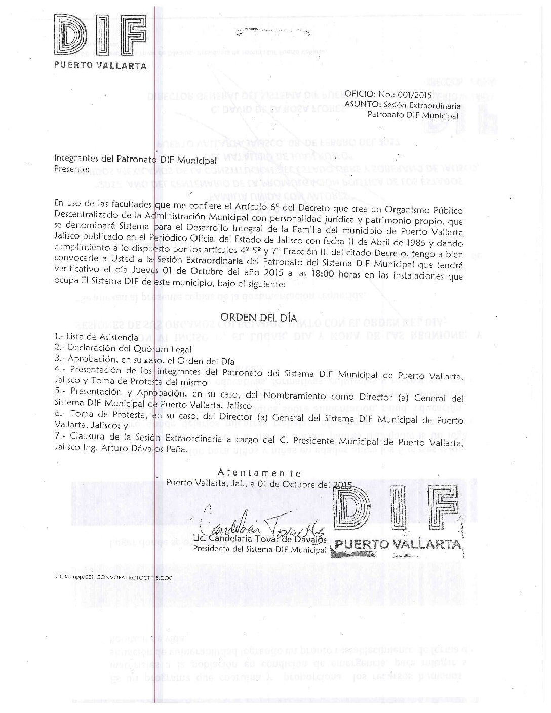 ORDEN DEL DÍA Y CONVOCATORIA DE SESIÓN 2015