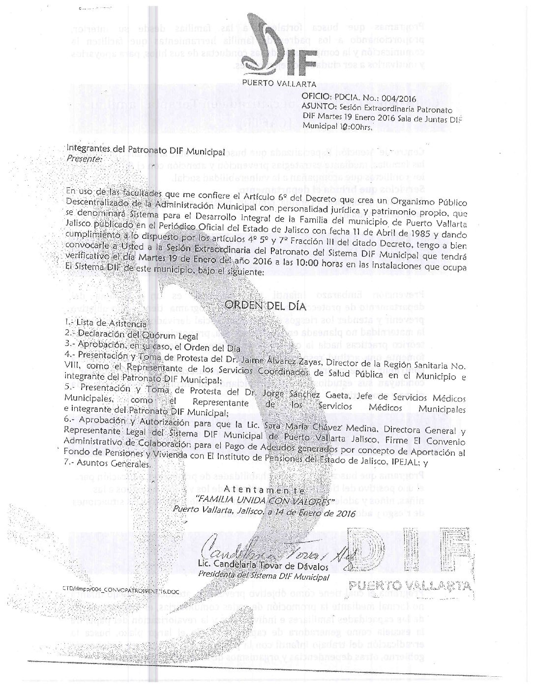 ORDEN DEL DÍA Y CONVOCATORIA DE SESIÓN 2016