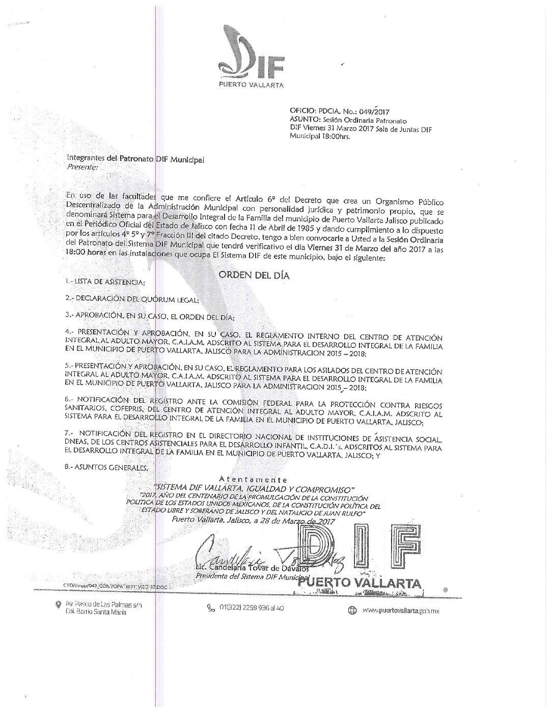 ORDEN DEL DÍA Y CONVOCATORIA DE SESIÓN 2017