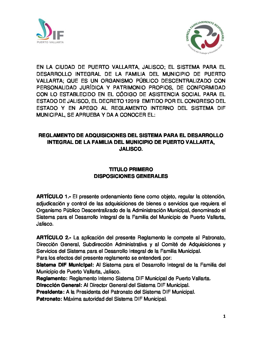 REGLAMENTO DE ADQUISICIONES DEL SISTEMA PARA EL DESARROLLO INTEGRAL DE LA FAMILIA DEL MUNICIPIO DE PUERTO VALLARTA, JALISCO.