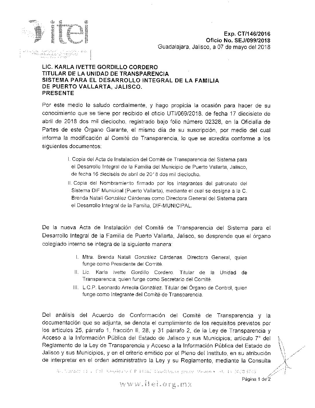 OFICIO ITEI APROBACIÓN DE NUEVO COMITÉ DE TRANSPARENCIA
