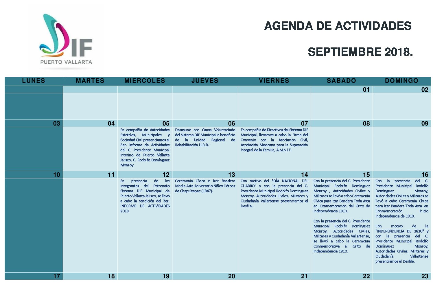 AGENDA SEPTIEMBRE 2018