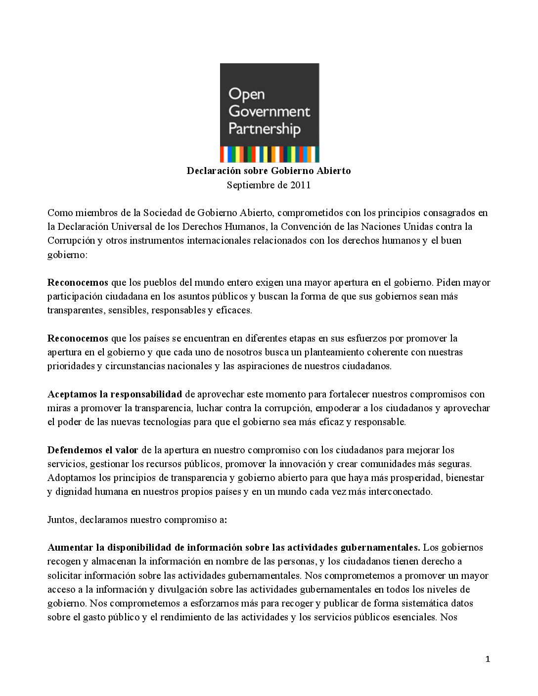 DECLARACIÓN SOBRE GOBIERNO ABIERTO