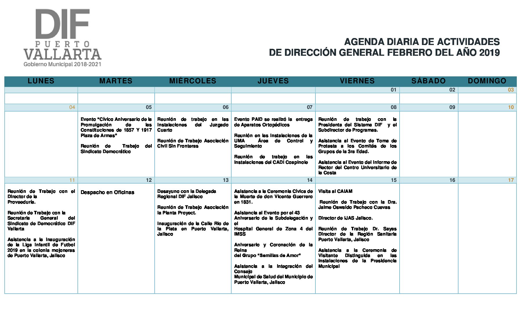AGENDA FEBRERO 2019