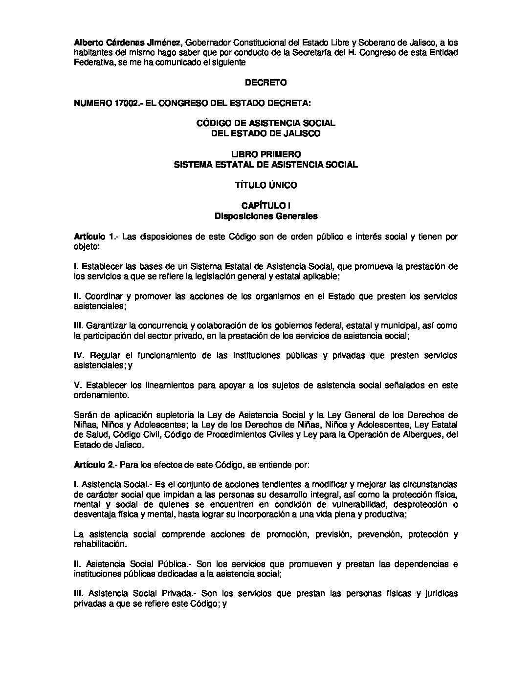 CÓDIGO DE ASISTENCIA SOCIAL DEL ESTADO DE JALISCO
