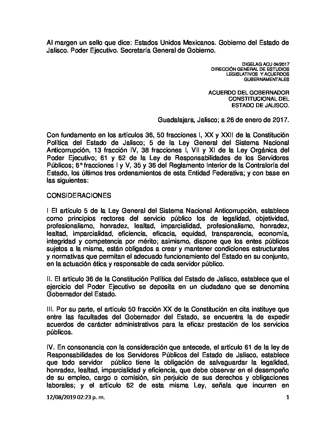 CÓDIGO DE ÉTICA Y CONDUCTA DE LOS SERVIDORES PÚBLICOS DE LA ADMINISTRACIÓN PÚBLICA DEL ESTADO DE JALISCO
