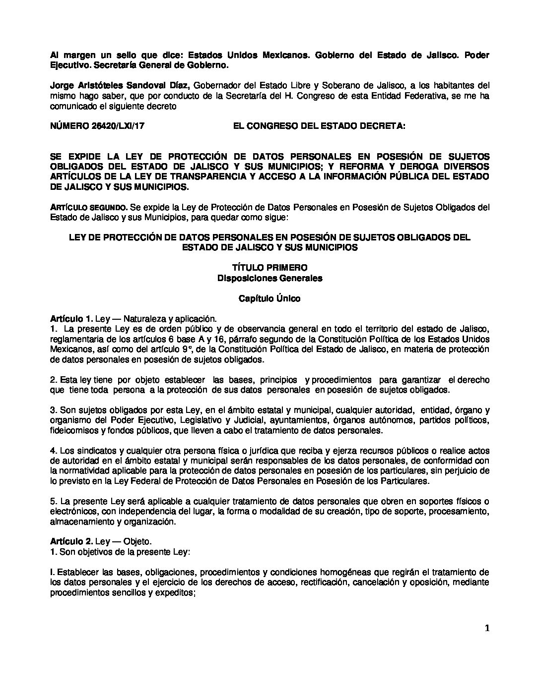 LEY DE PROTECCIÓN DE DATOS PERSONALES EN POSESIÓN DE SUJETOS OBLIGADOS