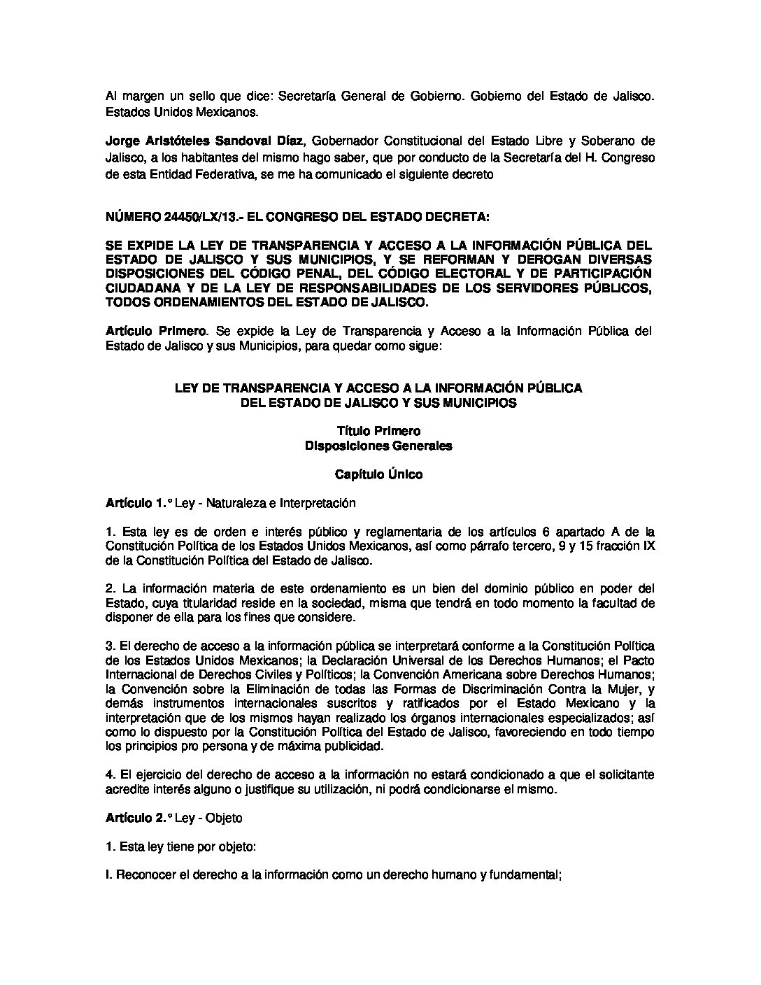 LEY DE TRANSPARENCIA Y ACCESO A LA INFORMACIÓN PUBLICA DEL ESTADO DE JALISCO Y SUS MUNICIPIOS