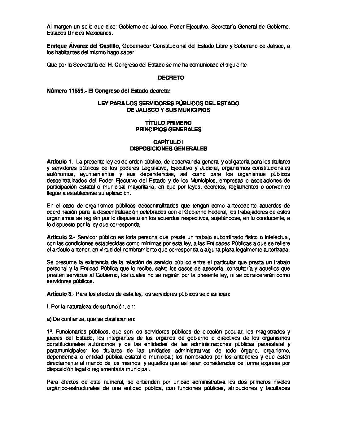 LEY PARA LOS SERVIDORES PÚBLICOS DEL ESTADO DE JALISCO Y SUS MUNICIPIOS