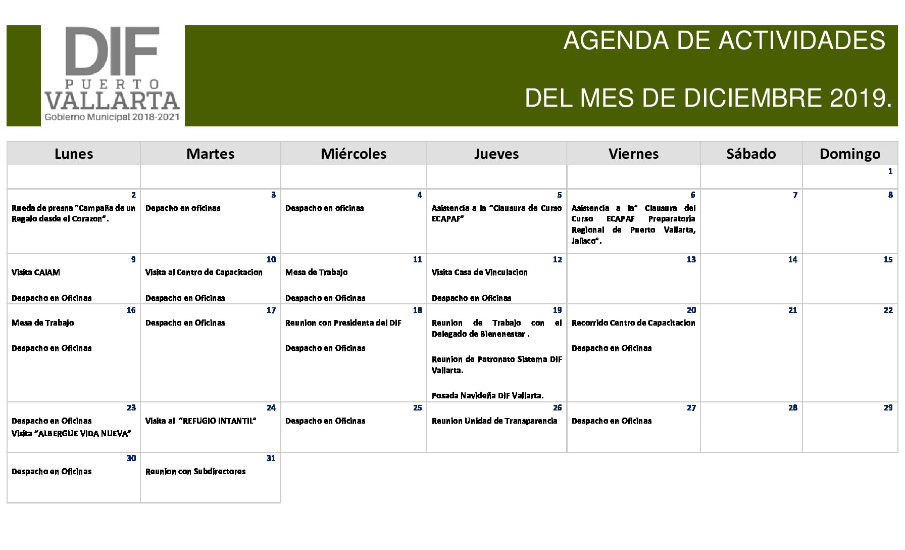 AGENDA DICIEMBRE 2019