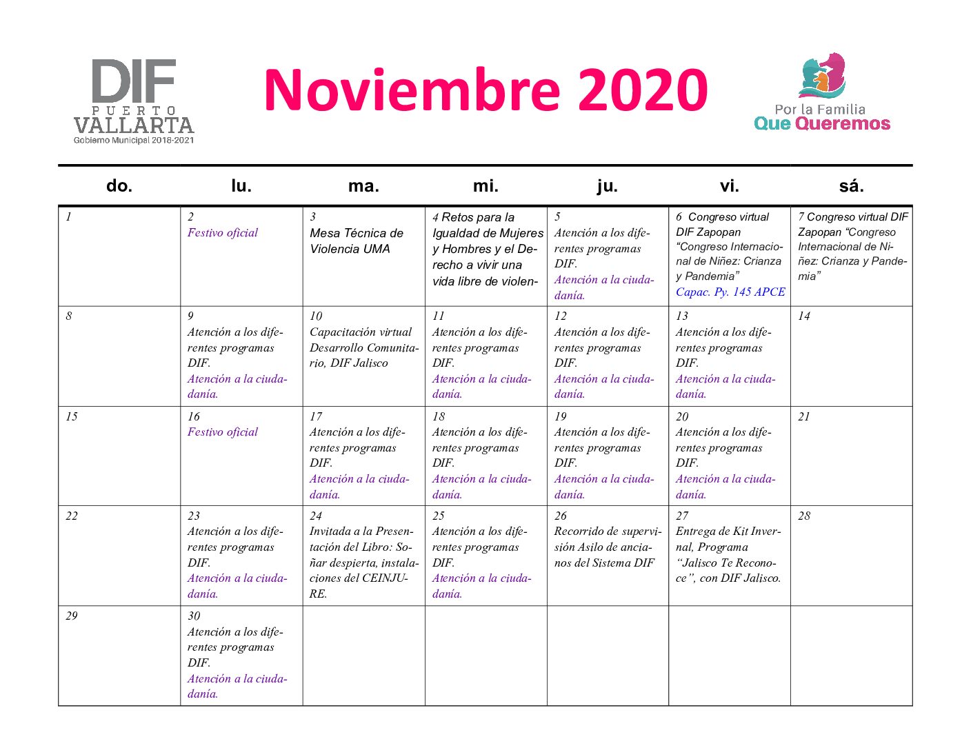 AGENDA NOVIEMBRE 2020
